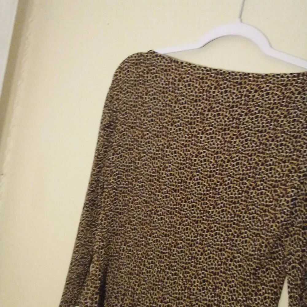 CC Blouse S 3/4 Sleeve Soft Stretch Ribbed Asymmetrical Animal Print Brown Black